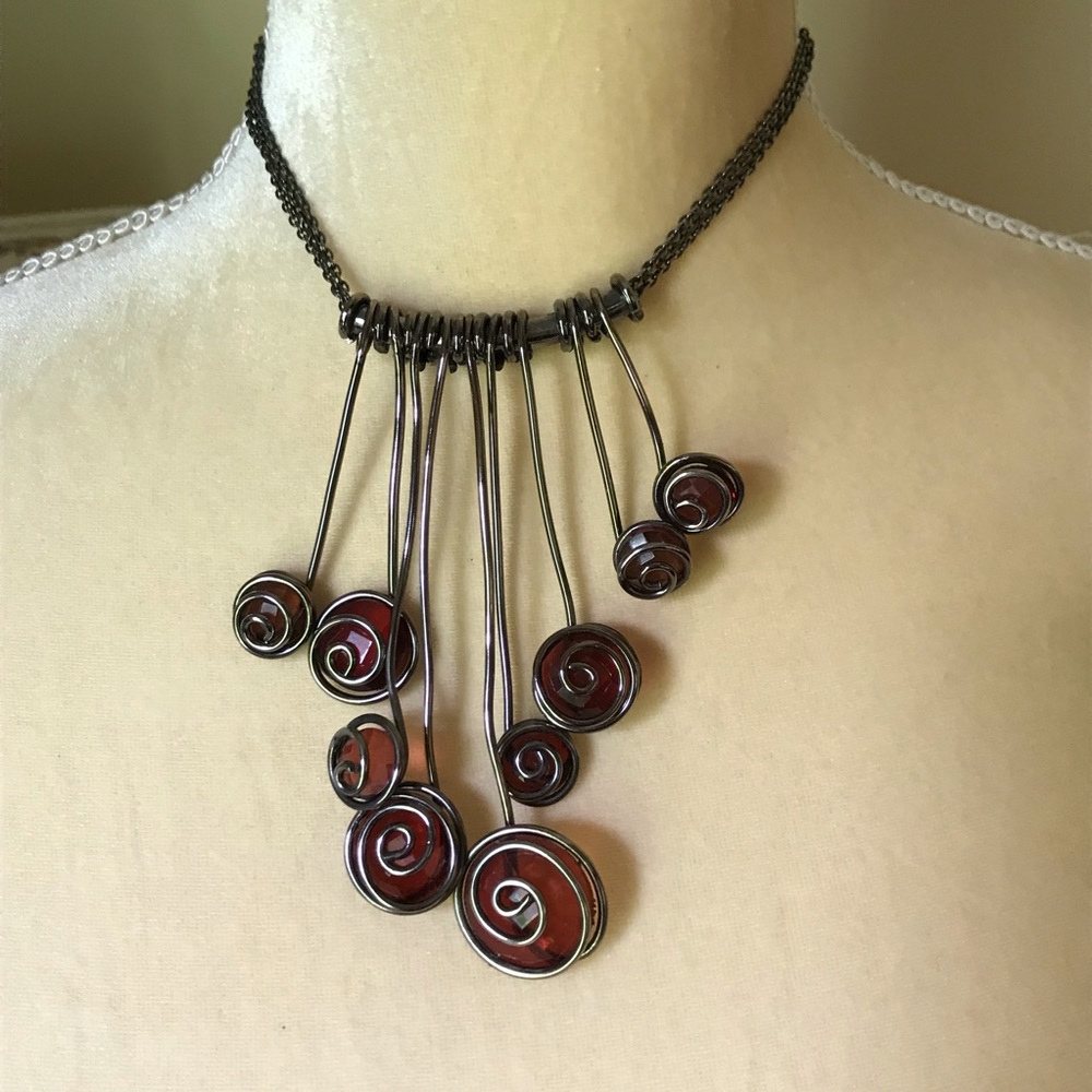 Red Glass Artisan Goth Brutalist Steampunk Necklace
